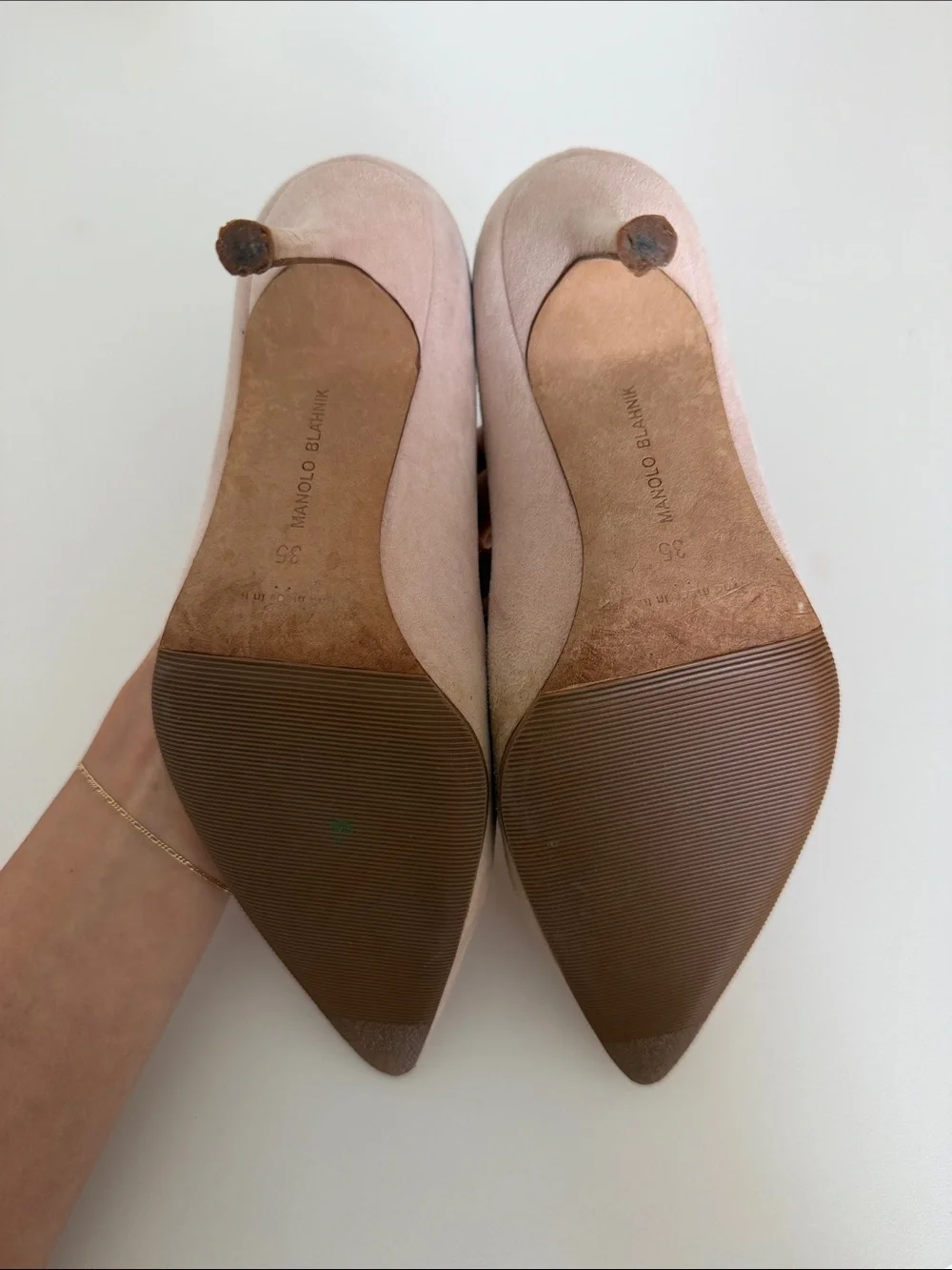 Manolo Blahnik Pale Pink/ Cream Suede Pointed-Toe Pumps with Camellia Detail